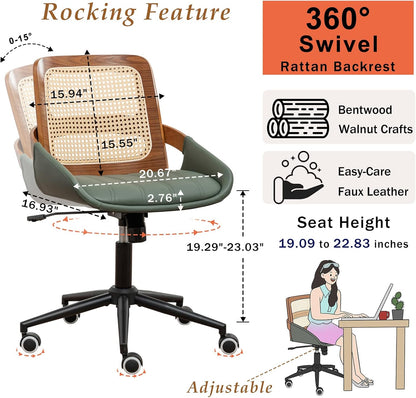 Walnut Rattan Office Chair Green Faux Leather Swivel Rolling Desk Chair