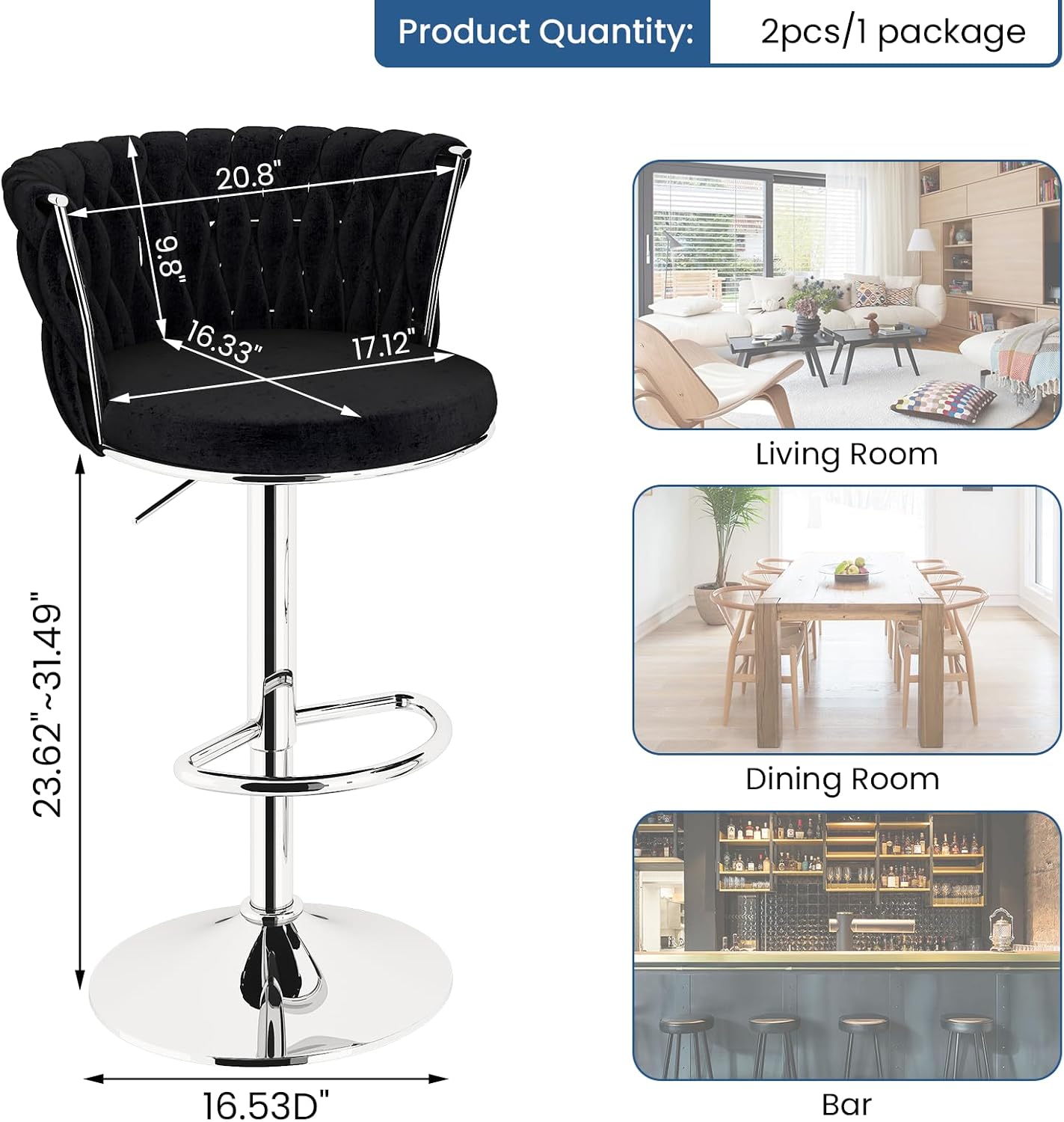 Black Velvet Swivel Bar Stools with Tufted Back Adjustable Height Set of 2