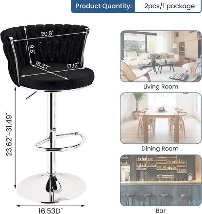 Black Velvet Swivel Bar Stools with Tufted Back Adjustable Height Set of 2