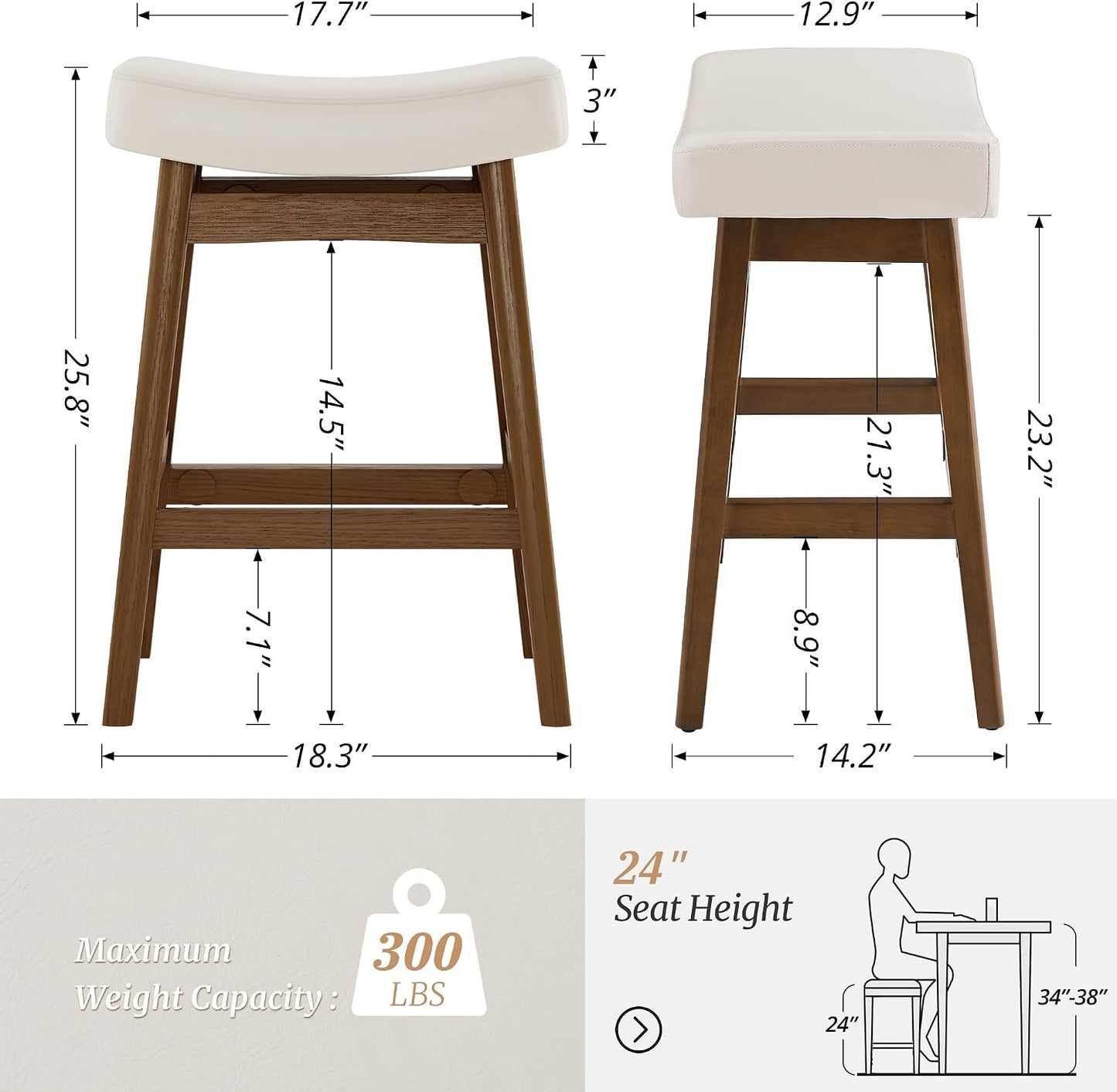 24 Inch Counter Height Bar Stools Set of 2 Antique White Saddle Seats