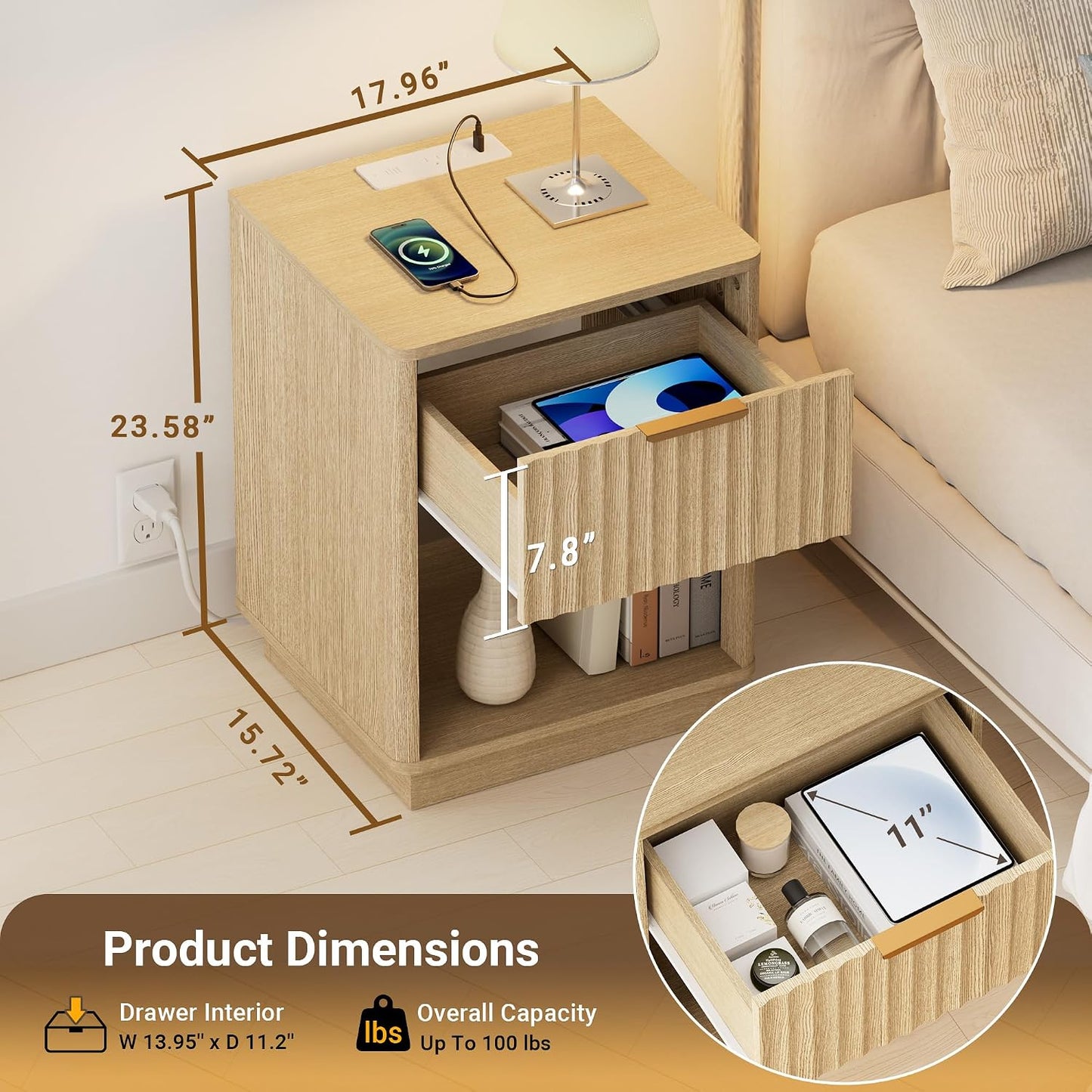 Modern Fluted Nightstand with Charging Station – Natural Oak Bedside Table