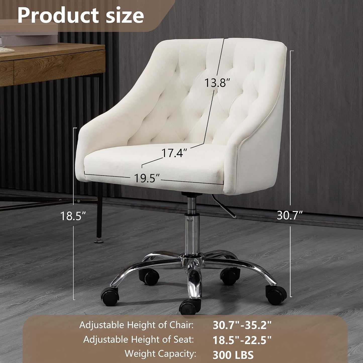 Ivory Velvet Office Chair Tufted Adjustable Swivel Vanity Chair with Wheels