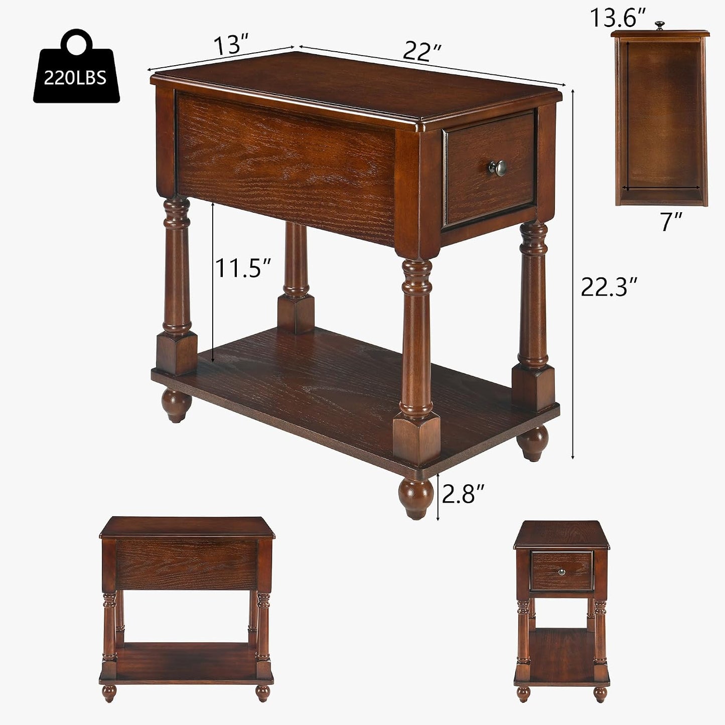 Solid Wood Narrow Nightstand with Drawer Cherry Brown Bedside End Table