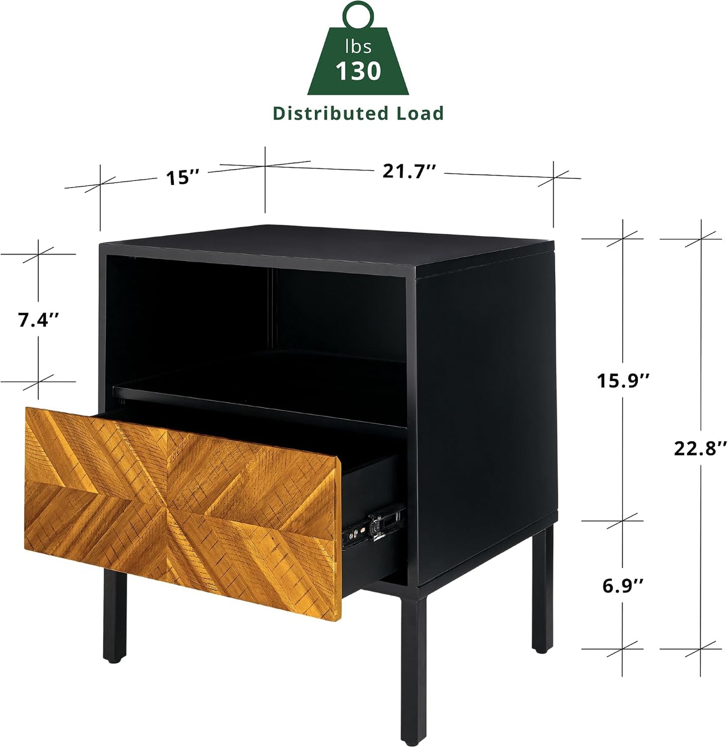 Solid Wood Herringbone Nightstand with Drawer & Open Shelf