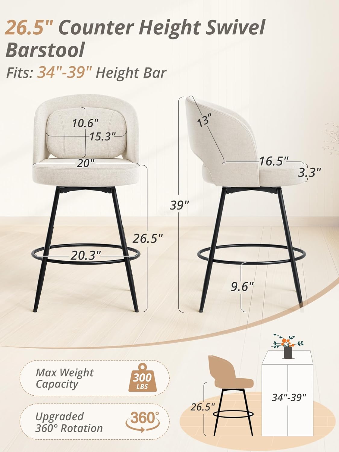 26 Inch Swivel Counter Height Bar Stools Linen Upholstered Black Metal Set of 2