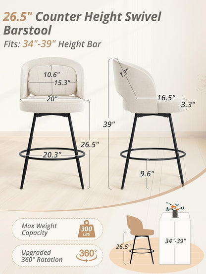26 Inch Swivel Counter Height Bar Stools Linen Upholstered Black Metal Set of 2