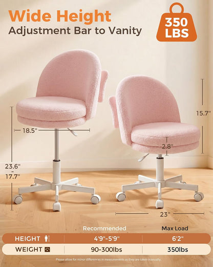 Pink Velvet Vanity Chair Adjustable Swivel Rolling Desk Chair with Lumbar Pillow