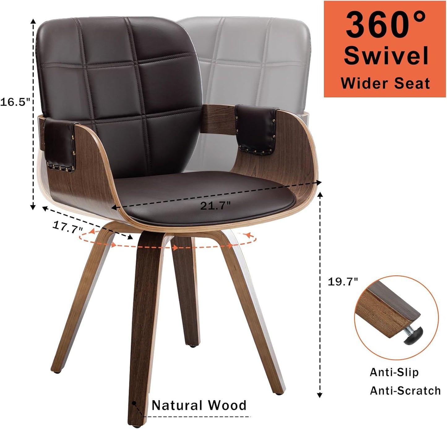 Walnut Brown Swivel Dining Chair with Arms Faux Leather Mid Century Chair