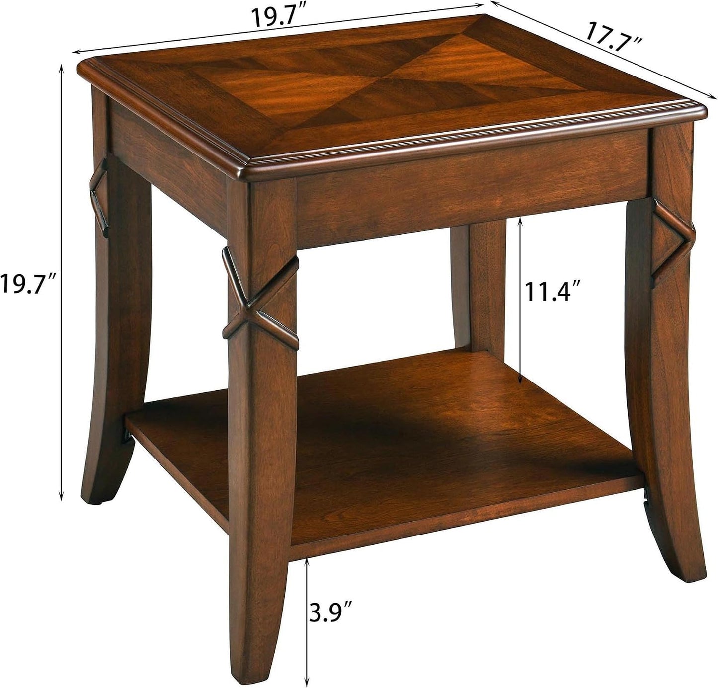 Solid Wood Square End Table with Lower Storage Shelf Cherry Walnut