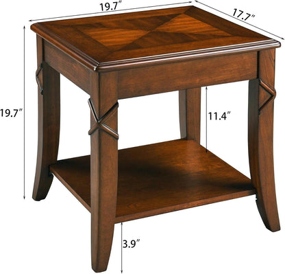 Solid Wood Square End Table with Lower Storage Shelf Cherry Walnut