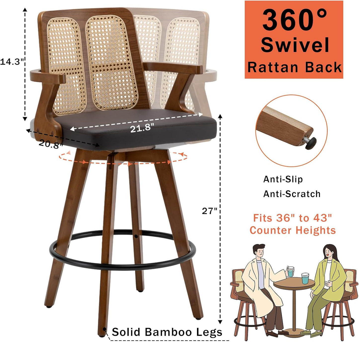 Walnut Rattan Swivel Counter Stool with Arms Green Upholstered Seat