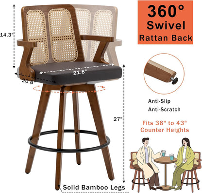 Walnut Rattan Swivel Counter Stool with Arms Green Upholstered Seat