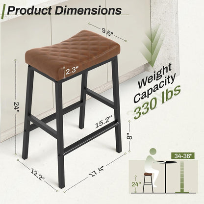 24 Inch Counter Height Bar Stools Set of 3 Brown Saddle Seats Black Metal Frame