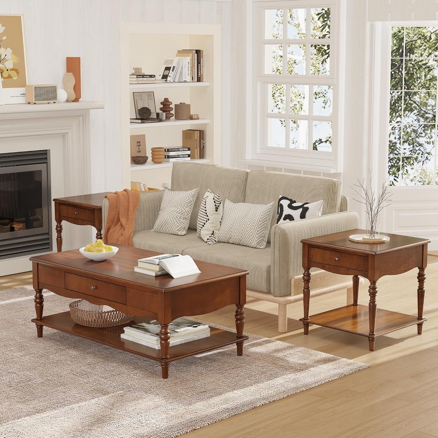 Large Solid Wood End Table Caramel Brown with Drawer and Storage Shelf