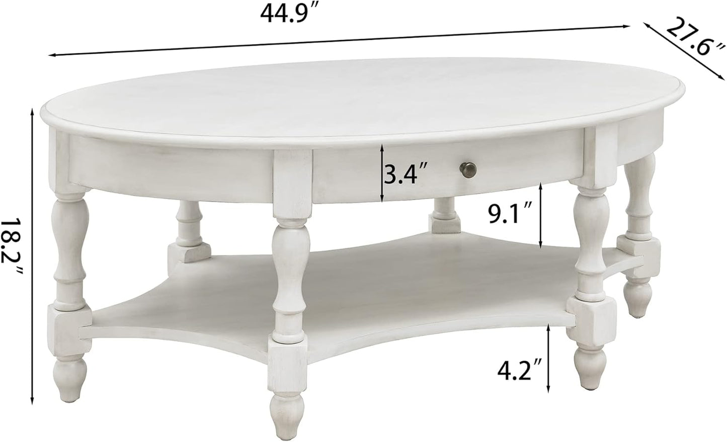 Victorian Oval Solid Wood Coffee Table with Drawer Grey White Storage Table