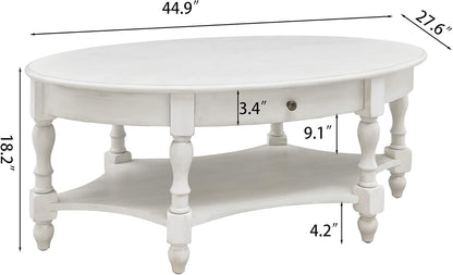 Victorian Oval Solid Wood Coffee Table with Drawer Grey White Storage Table