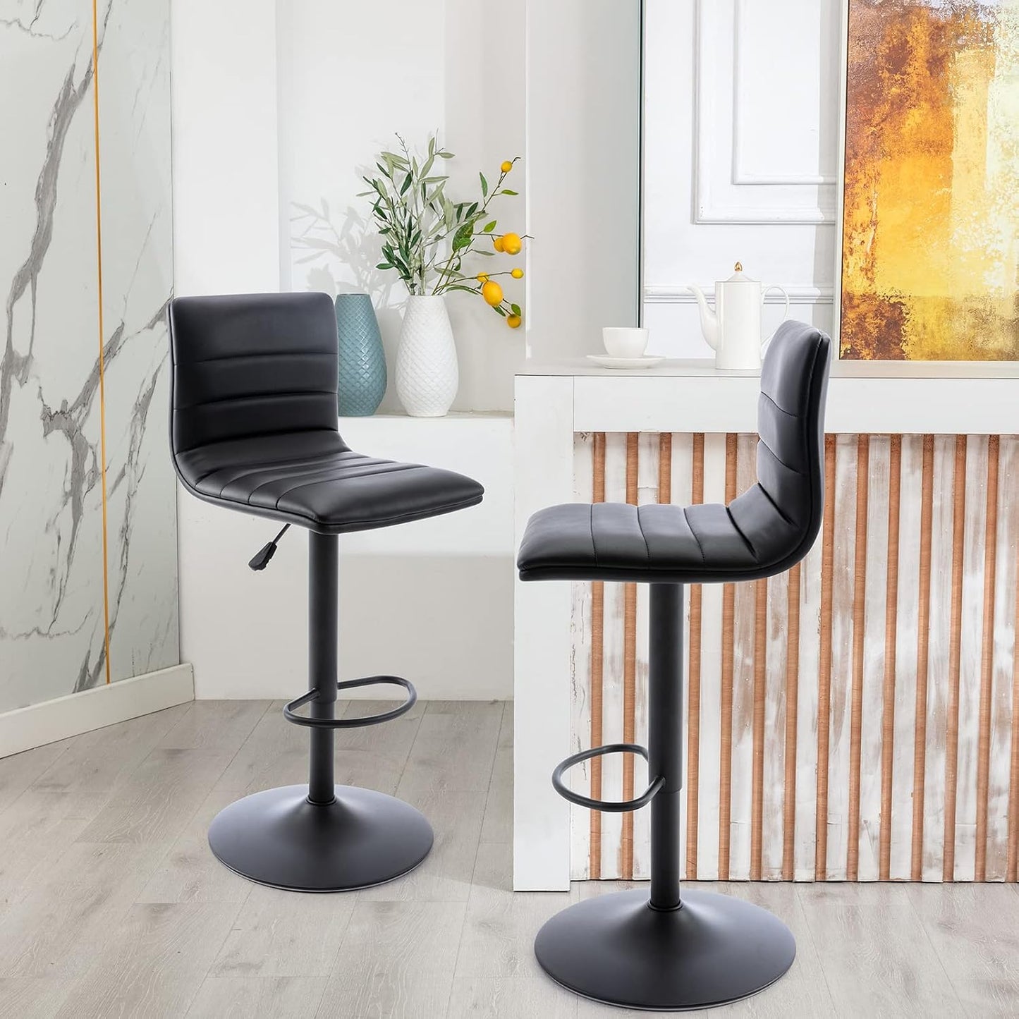 Black Adjustable Bar Stools Set of 2 Modern Swivel Faux Leather Chairs