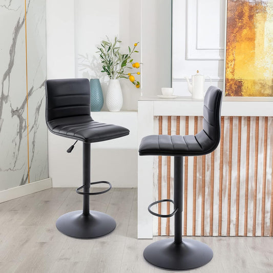 Black Adjustable Bar Stools Set of 2 Modern Swivel Faux Leather Chairs