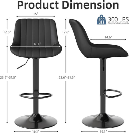 Adjustable Swivel Bar Stool Black Faux Leather Counter Height Metal Base
