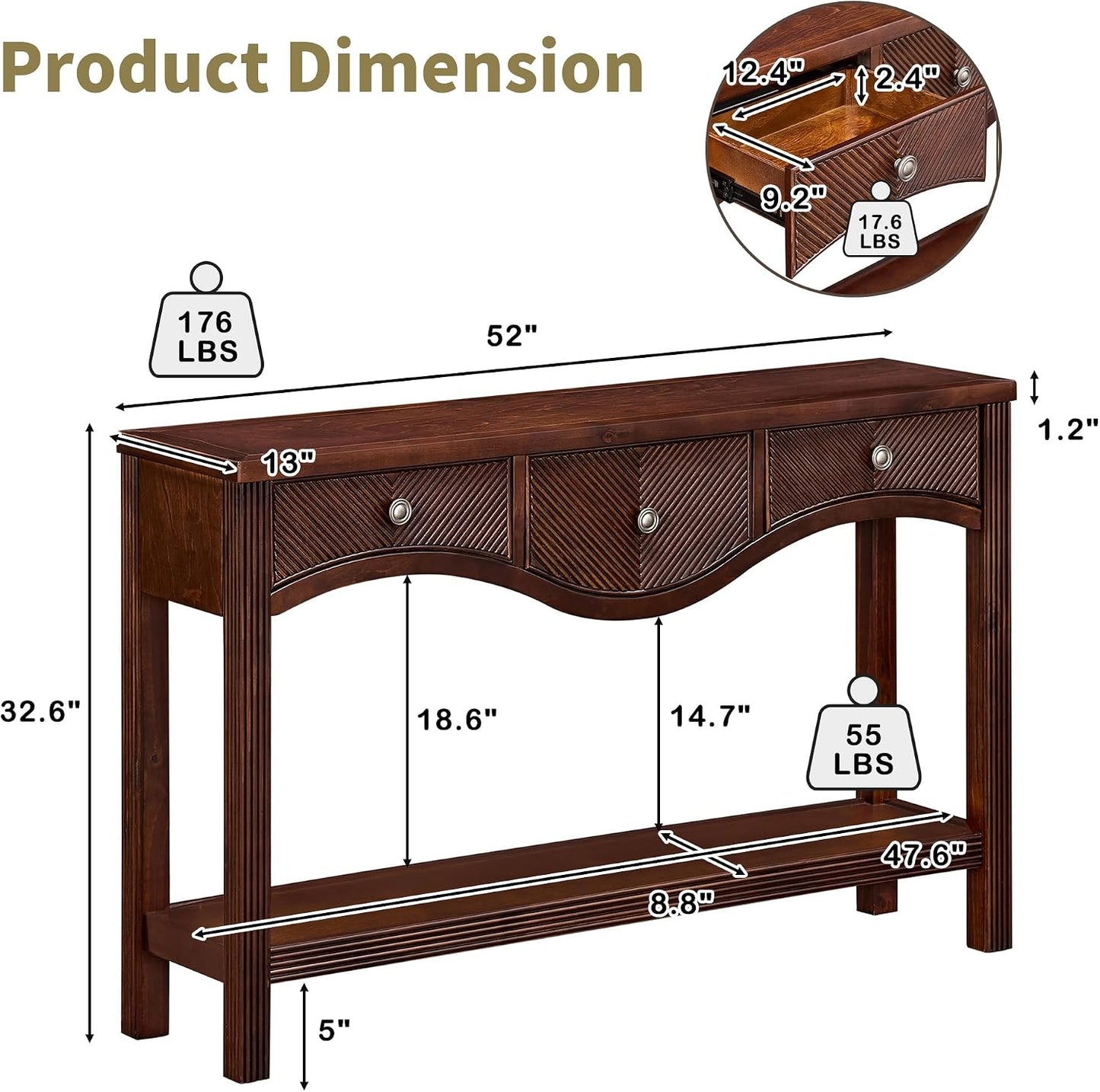 Scalloped Wood Console Table with 3 Drawers Narrow Espresso Entryway Table