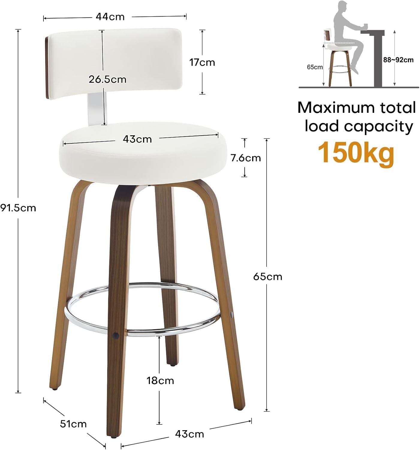 White Swivel Counter Stools Set of 2 Walnut Kitchen Island Chairs