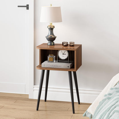 Mid-Century Modern Walnut Brown Nightstand Set of 2 with Open Storage
