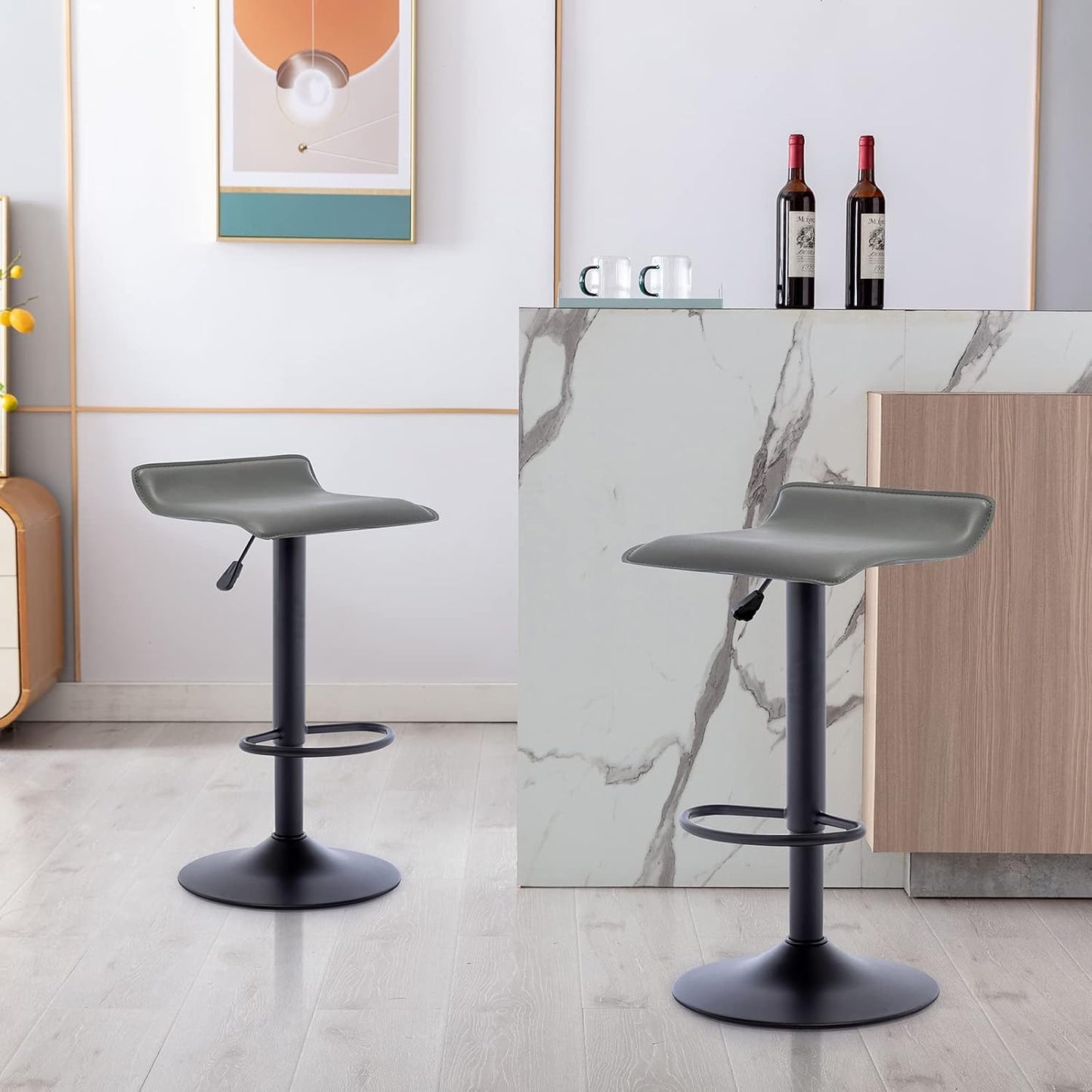 Black Adjustable Bar Stools Set of 2 Modern Swivel Backless Counter Chairs