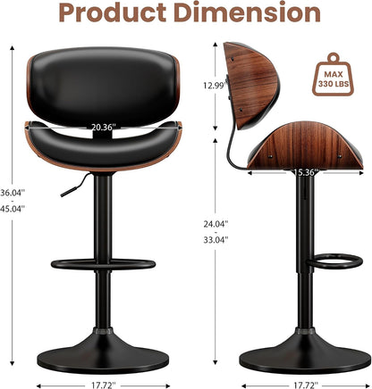 Adjustable Swivel Bar Stool Black PU Leather Walnut Bentwood Counter Chair