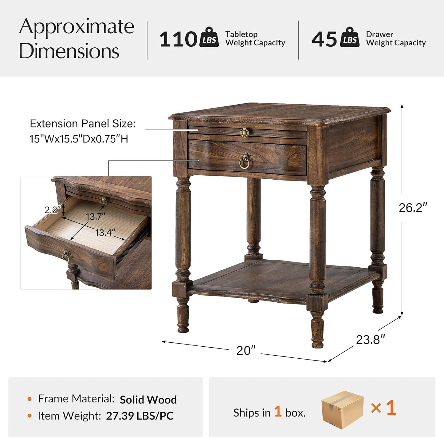 Walnut Spindle End Table with Drawer Charging Station and Pull Out Shelf