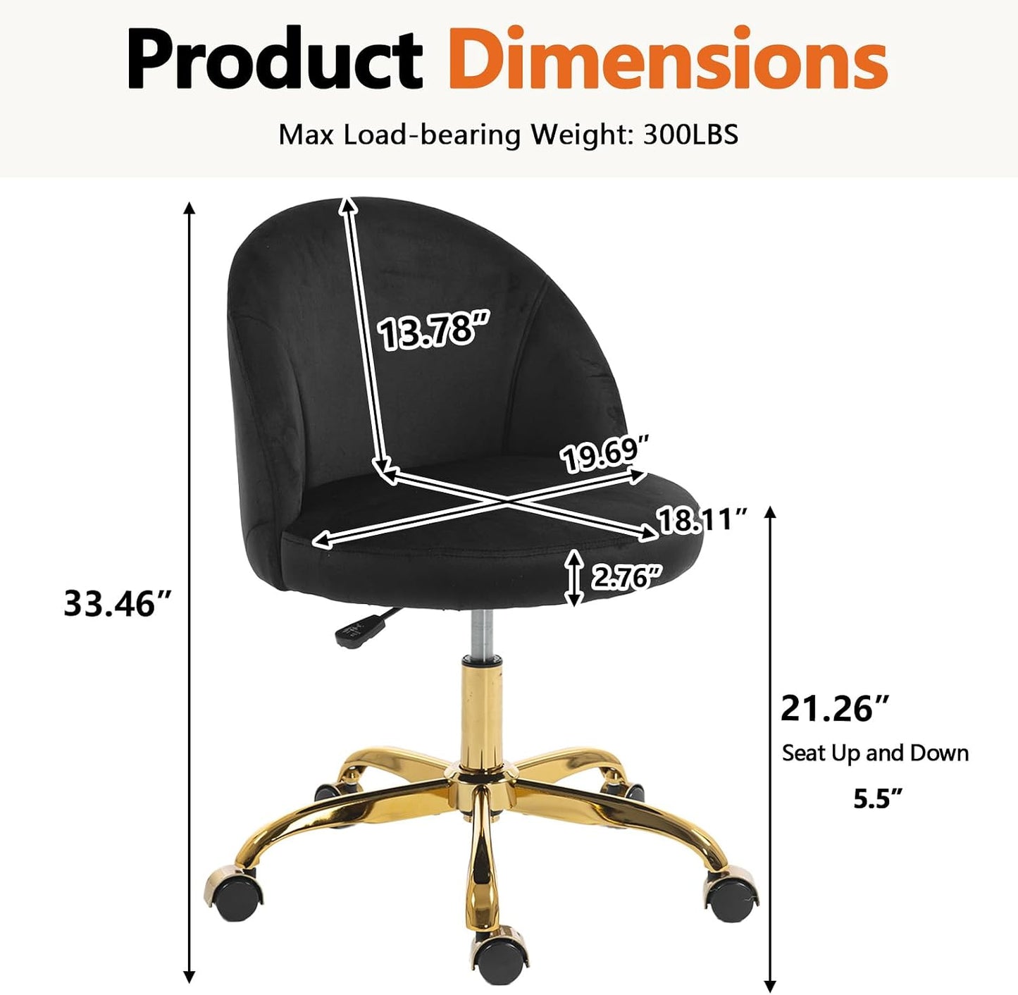 Black Velvet Vanity Chair Gold Base Adjustable Swivel Rolling Desk Chair