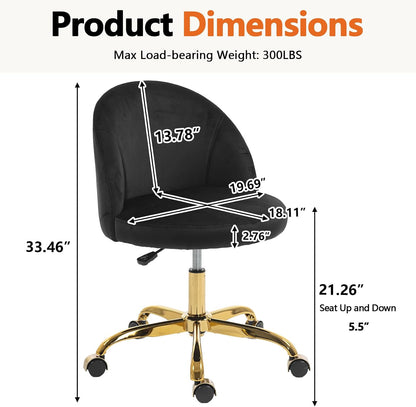 Black Velvet Vanity Chair Gold Base Adjustable Swivel Rolling Desk Chair