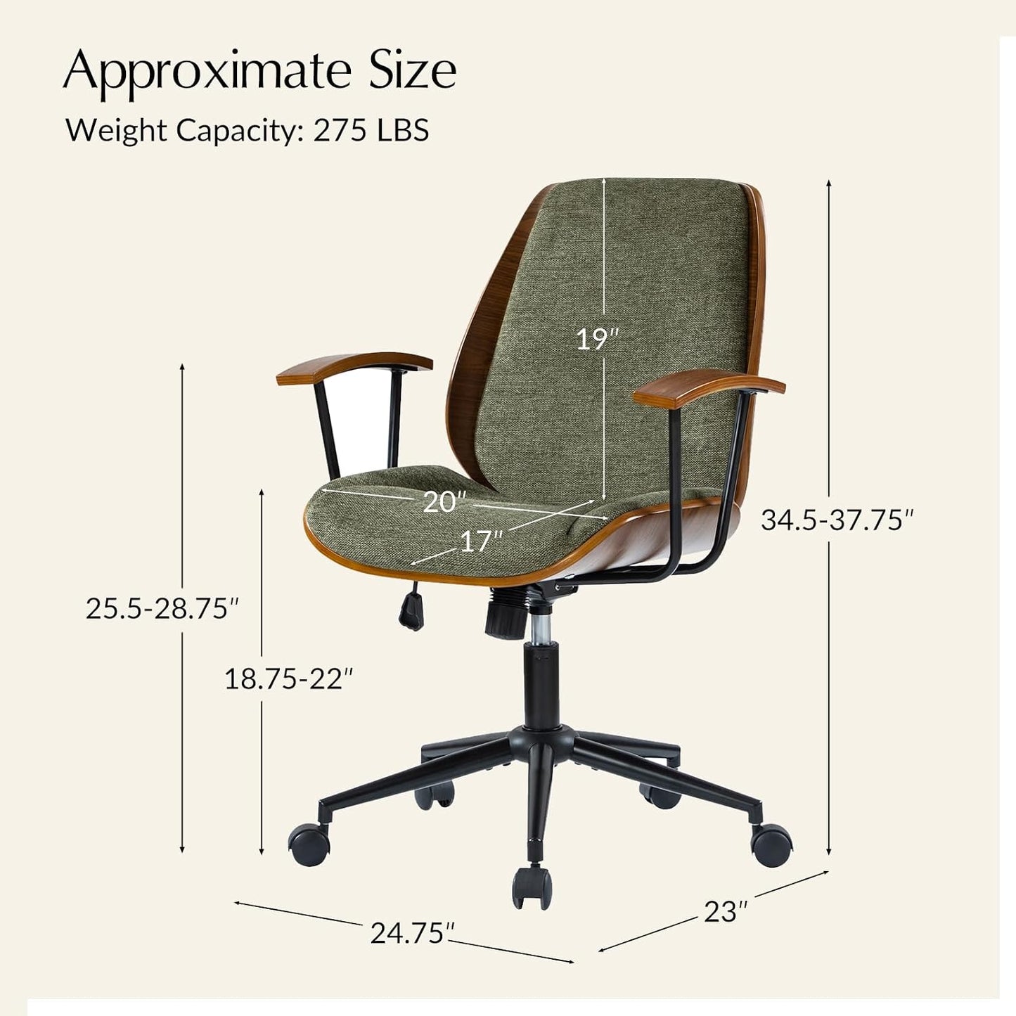 Green Solid Wood Office Chair Adjustable Swivel Mid Century Desk Chair