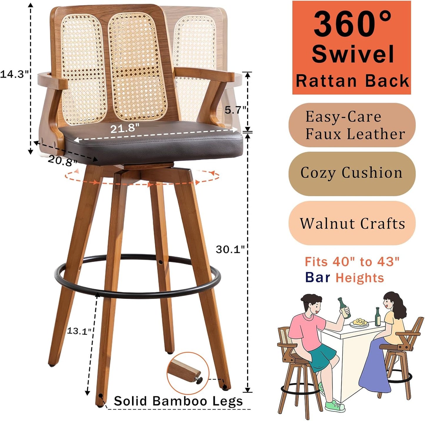 Walnut Rattan Swivel Bar Stools with Arms Beige Upholstered Seat Set of 2