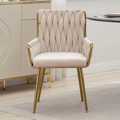 Beige Velvet Vanity Chair Hand Woven Gold Leg Upholstered Accent Chair