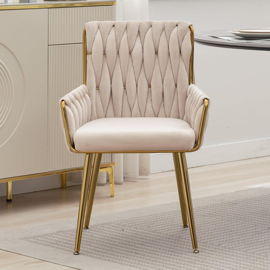 Beige Velvet Vanity Chair Hand Woven Gold Leg Upholstered Accent Chair