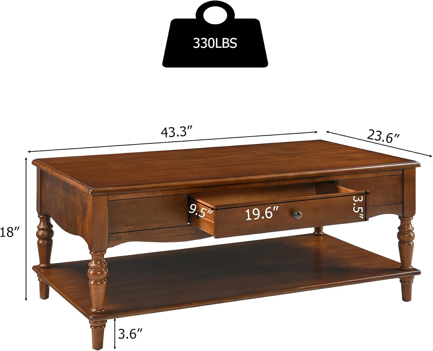 Solid Wood Coffee Table with Drawer Cherry Walnut Storage Shelf Vintage Center Table