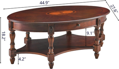 Victorian Oval Solid Wood Coffee Table with Drawer Cherry Walnut Storage Table
