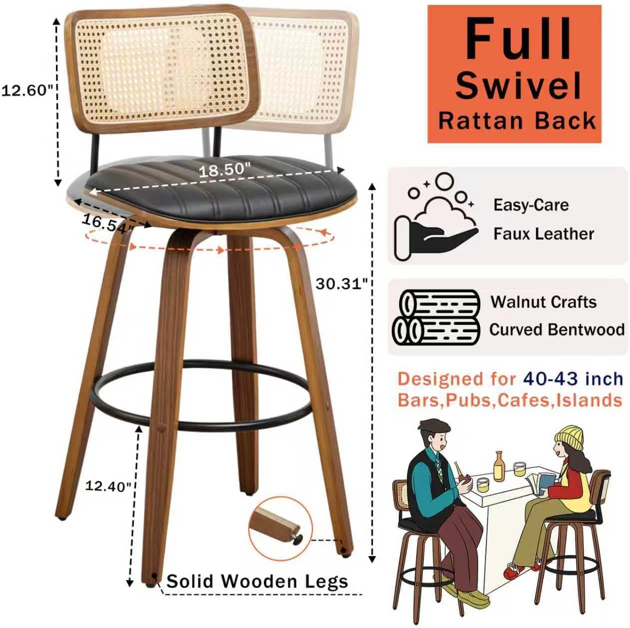 Walnut Rattan Swivel Bar Stool Cane Back Beige Faux Leather 30 Inch