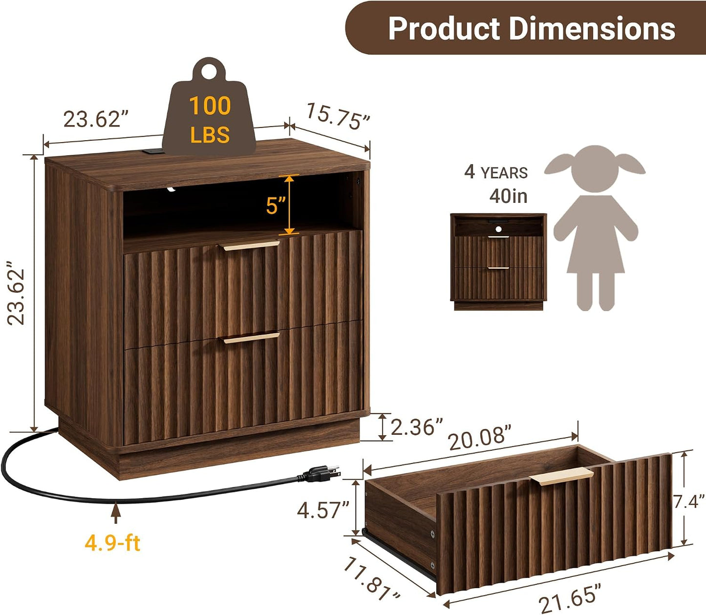 23" Walnut Fluted Nightstand with Charging Station – 2-Drawer Bedside Table