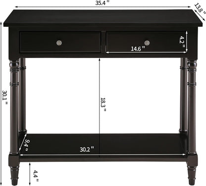 Solid Wood Console Table with 2 Drawers Black Narrow Entryway Table
