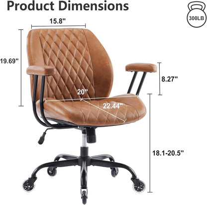 Brown Leather Office Chair Ergonomic Swivel Desk Chair with Lumbar Support and Wheels