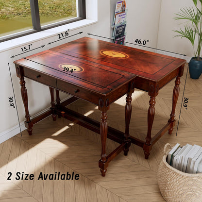 Vintage Solid Wood Writing Desk with 2 Drawers Cherry Brown Secretary Table