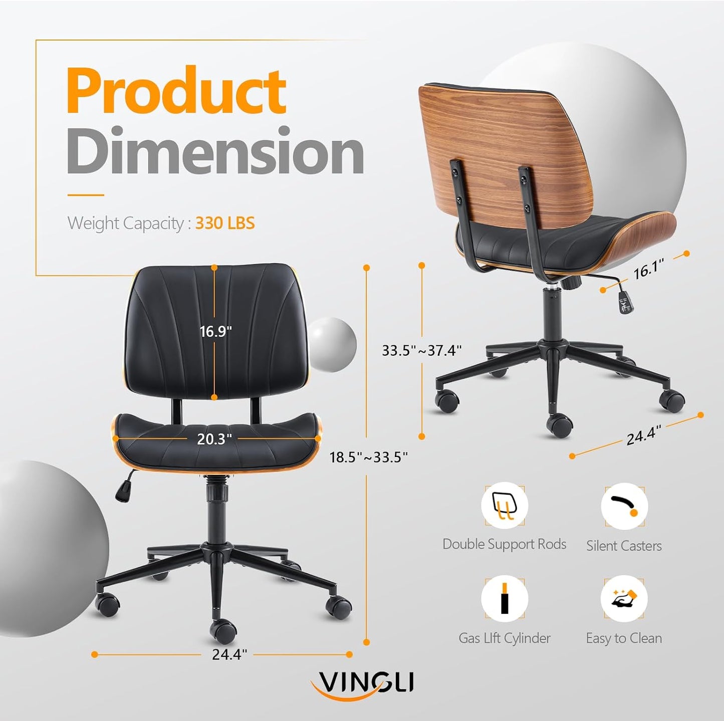 Walnut Office Chair Black PU Leather Adjustable Swivel Rolling Desk Chair