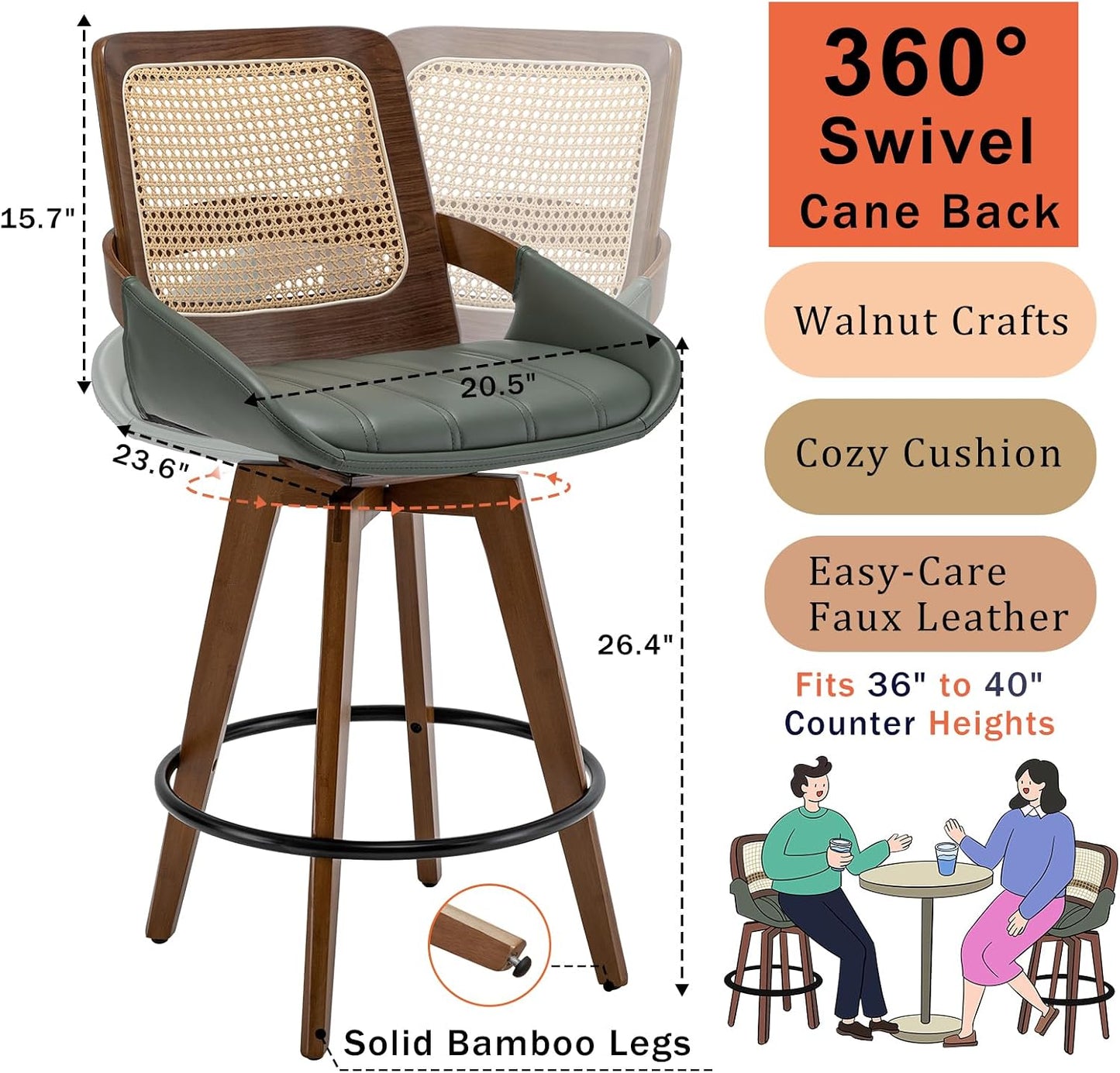 Walnut Cane Swivel Counter Stool with Arms Black Faux Leather Seat
