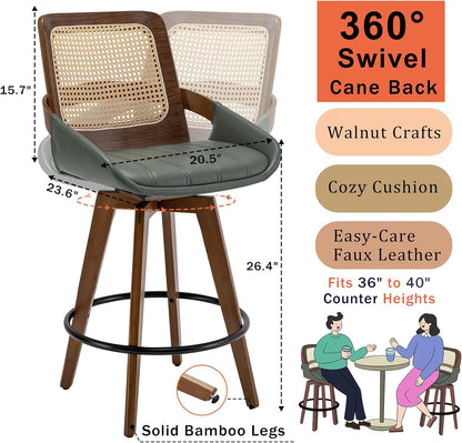 Walnut Cane Swivel Counter Stool with Arms Black Faux Leather Seat