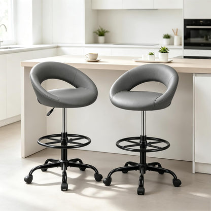 Adjustable Drafting Chair Black Faux Leather Swivel Counter Stool with Wheels