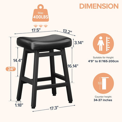 24 Inch Black Counter Height Bar Stools Set of 2 Bonded Leather Saddle Seats