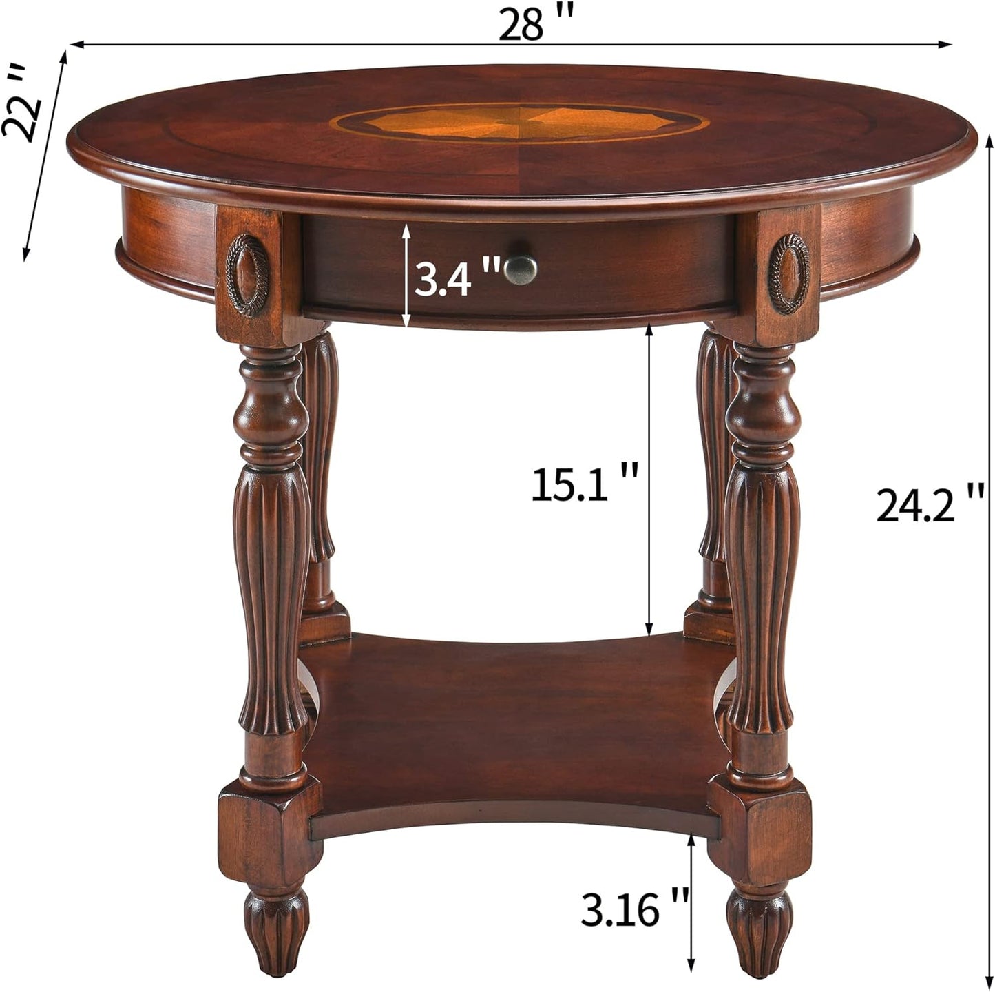 Solid Wood Oval End Table Cherry Walnut with Drawer and Storage Shelf