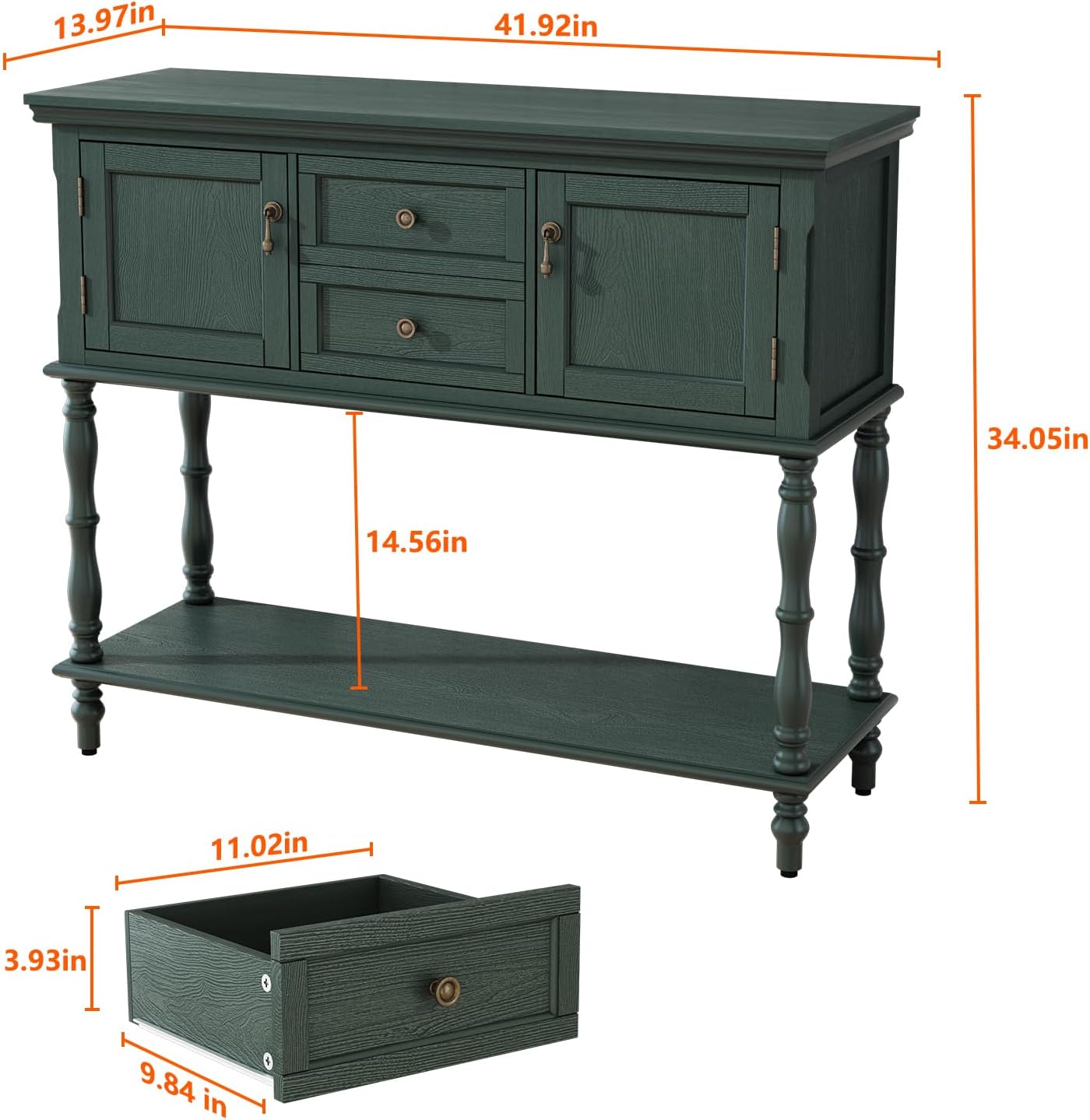 Vintage Green Console Table with 2 Drawers Cabinets and Open Storage Shelf