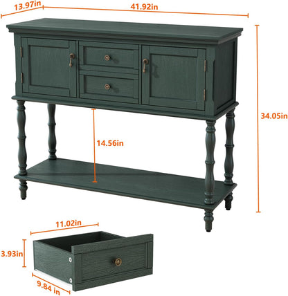 Vintage Green Console Table with 2 Drawers Cabinets and Open Storage Shelf